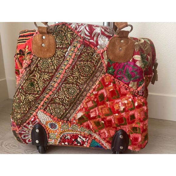 Free People Marrakesh Patched Weekender Rolling Cart Luggage - Picture 4 of 10